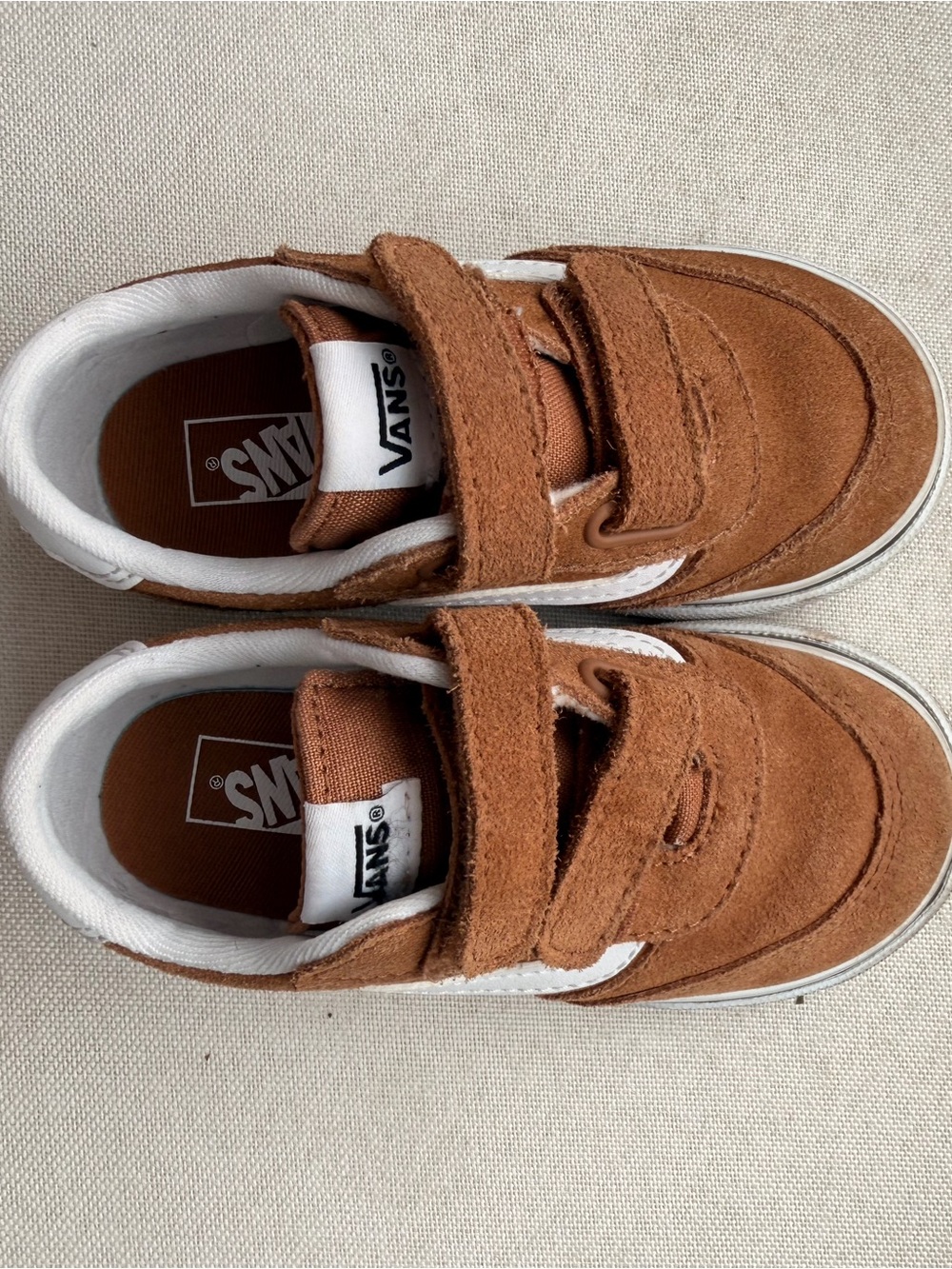 Vans Kids Tan Suede Velcro Sneakers with White Trim